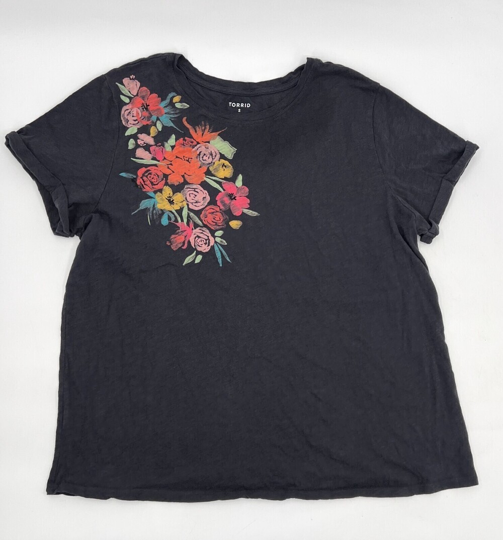 Torrid Shirt Womens 2 Plus Charcoal Gray Shirt Blouse Floral Graphic Relaxed Fit